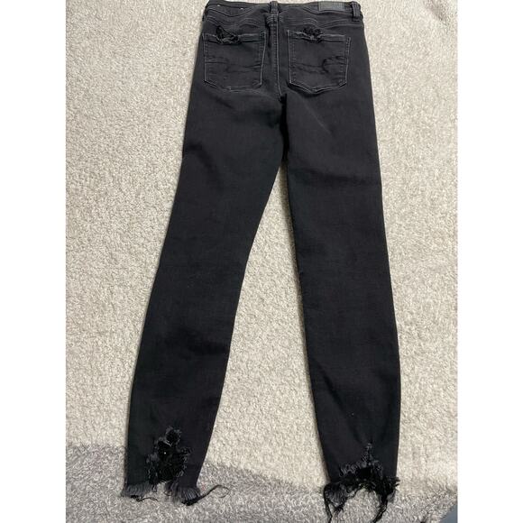 American Eagle Sz 0 Stretch Hi Rise Straight Leg Distressed Raw Hem Jeans Black - Picture 11 of 11